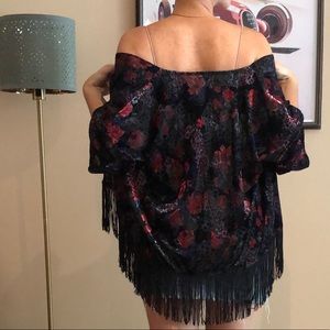 Topshop fringed red & blue burnout velvet kimono